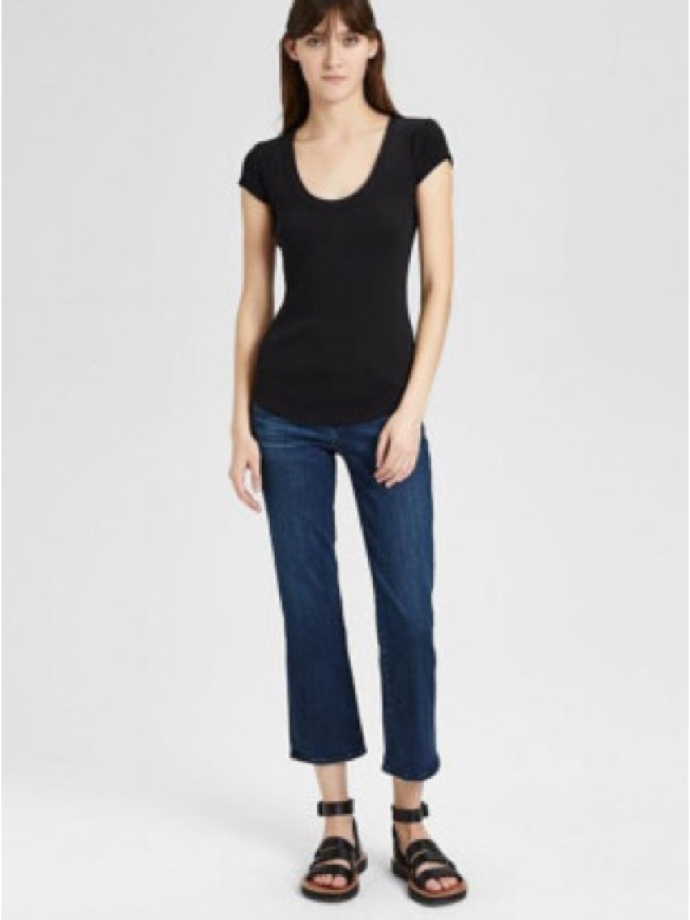 Theory Black Basic Ribbed Scoop Neck Short Sleeve T-Shirt